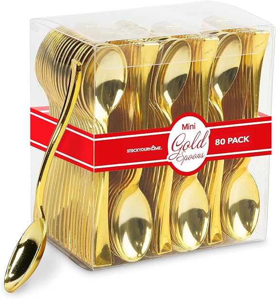 Gold Plastic Mini Spoons Disposable, 4 inch (80 Pack) Tasting Spoon, Dessert Mini spoon for Ice Cream Taster, Small Sample Desserts, Gelato Sampling, Fancy Miniature Pudding, Little Appetizers, Bulk