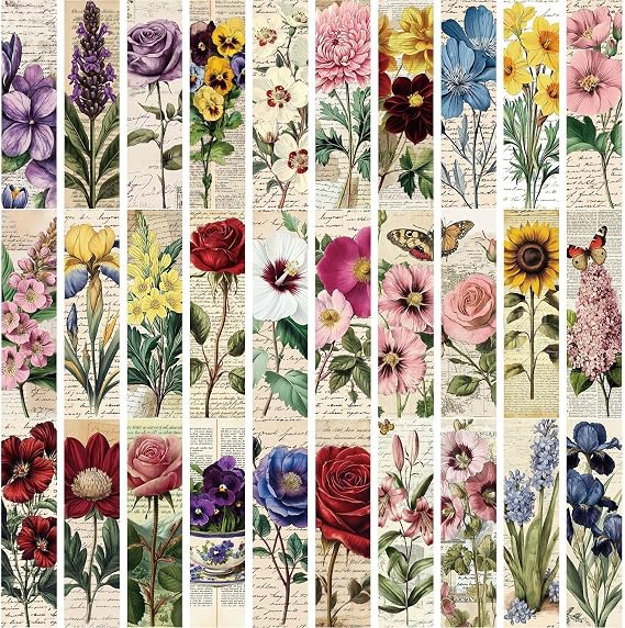 30PCS Vintage Natural Flower Bookmark Set, Aesthetic Floral Botanical Paper Bookmarks with Retro Script Design for Reading Lovers Students Journaling Scrapbooking and DIY Crafts