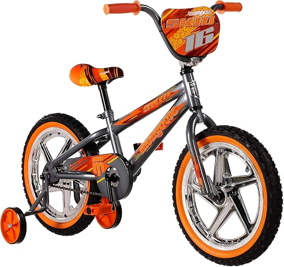 Mongoose Skid Bike, 16 Inch Bike for Kids Ages 3-7, BMX Style, Adjustable Seat Grows with Your Child, Mag Wheels, Training Wheels, Rear Coaster Brake, Training Bicycle for Kids