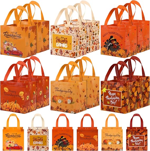 18-Piece Fall Party Gift Bags with Handles - Turkey, Pumpkin, Reusable Grocery Bags for Thanksgiving Day & Party Favors
