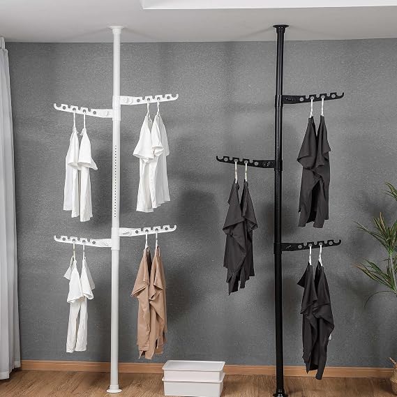 Adjustable Laundry Pole 4-Tier Clothes Drying Rack Coat Hanger DIY Floor to Ceiling Metal Corner Tension Pole Storage Organizer for Indoor, Balcony, Living Room, Bed Room