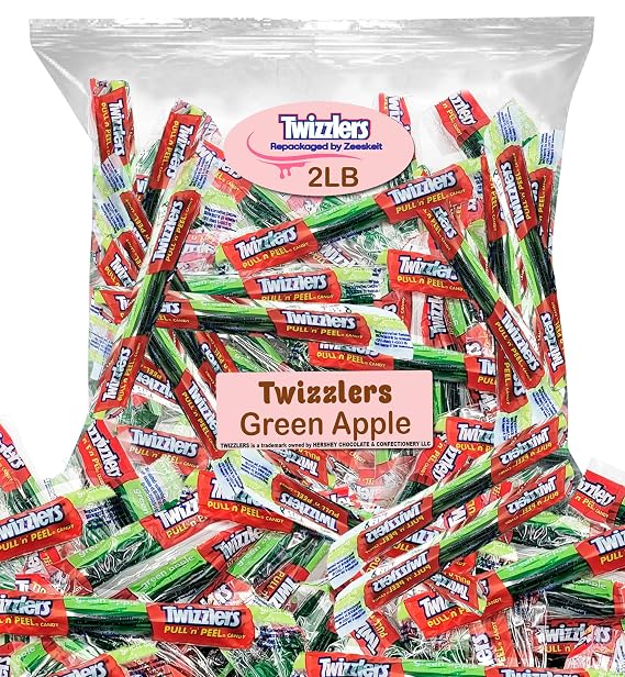 Twizzlers Green Apple Pull-n-Peel Licorice Twists 2 Pounds Pack Wrapped Twizzlers Candy