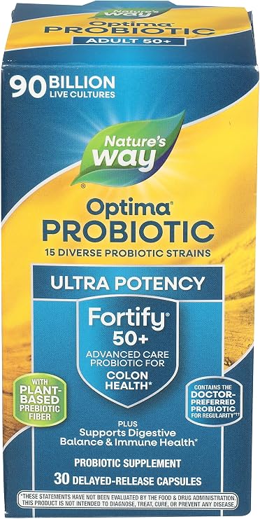 Nature's Way Fortify Optima Pre+Probiotic for Adults 50+, 90 Billion Live Cultures, Supports Digestive Balance and Immune Health*, Keep Refrigerated, 30 Capsules (Packaging May Vary)