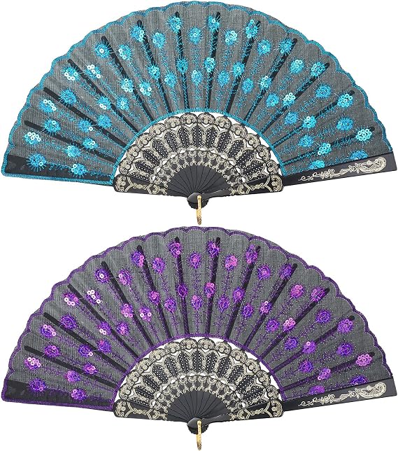 Jetec 2 Pieces Lace Spanish Fan, Handheld Chinese Folding Hand Fan for Women 1920s Dancing Costume, Spanish Flamenco Gift with Embroidered Sequin, Photo Prop, Prom, Wedding Decor(Purple, Blue)