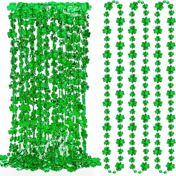 EOBOH 12PCS St Patricks Day Accessories, Shamrock Green Beads St. Patrick's Day Necklace, Irish Saint Patricks Day Necklace Bulk, St. Patricks Day 4 Leaf Clover Decorations for Parade Party Supplies