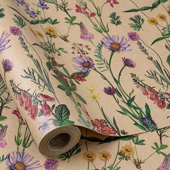 RUSPEPA Kraft Wrapping Paper Roll - Mini Roll - Wild Flower Design Great for Birthday, Party, Baby Shower - 43.2cm x 10m