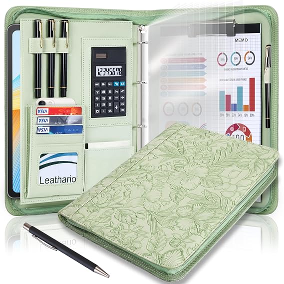 Leathario A4 Conference Folder with Zip Writing Case A4 with 10 Document Sleeves Business Workbook with 4 Ring Binders Vegan Leather Folder for Meetings Government Study Interviews
