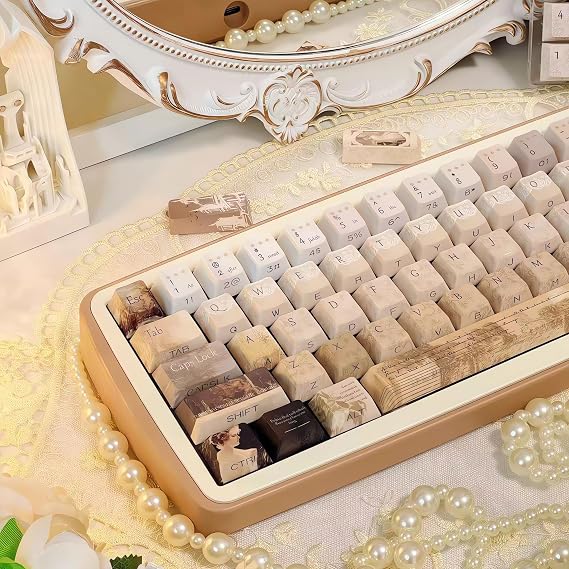 Retro Brown PBT Keycaps Set,Cherry Profile Vintage Oil-Painting Keycaps,Side Printed Shine-Through,5-Side Dye Sub,120Keys DoubleShot Custom Key Caps for Mechanical Gaming Keyboards (Dual-Printed)