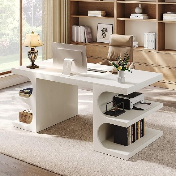 Tribesigns White Executive Office Desk, 63" Computer Desk with Storage Shelves, Modern Wood Study Writing Table, Large Workstation Business Furniture for Home Office (Table Only)