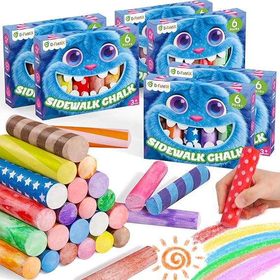 D-FantiX Washable Sidewalk Chalk for Kids & Toddlers, 36 PCS Bulk Pack (6 Boxes of 6) Outside Toys, Outdoor Games Activities for Playground & Yard Art, Summer Party Favors Gifts, Goodie Bags Stuffers