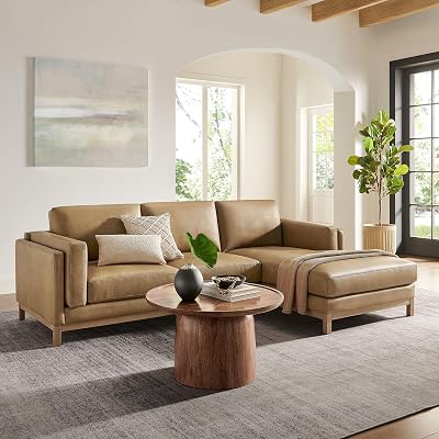 Modway Roscoe Right-Facing Sectional Sofa with Chaise in Toast - 2-Piece Faux Leather Upholstered Deep Seat Couch, L Shaped Modular for Living Room or Lounge