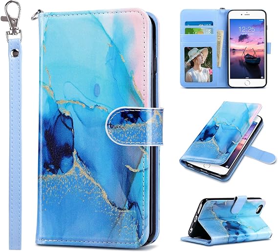 ULAK Wallet Case for iPhone 6s Plus, iPhone 6 Plus Case, Flip Folio PU Leather Kickstand Case with Card Slot Wrist Strap ID Credit Card Pockets for iPhone 6 Plus / 6S Plus 5.5 inch, Marble Abstract