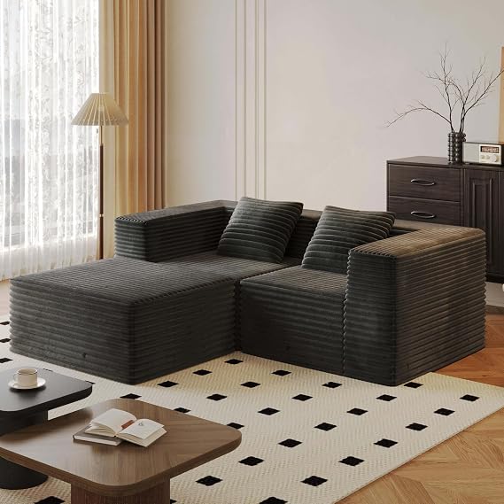 78 Cloud Loveseat Sofa with 2 Cushions, Boneless Couches for Living Room Bedroom Small Space, Corduroy Sofa in a Box, Compressed, Memory Foam, No Assembly (Grey, 78 L-Shaped)