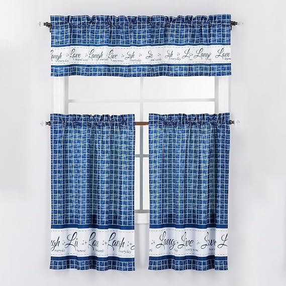 Decotex 3 Piece Live Love Laugh Gingham Check Plaid Kitchen Window Curtain Tiers and Valance Set (Royal Blue, 36" Tiers with 14" Valance)