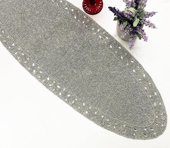Enliven Handmade Bead Christmas Table Runner, Floral Beaded Runner, Silver, 13x35inch