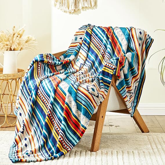 Qucover Fleece Double Throw Blanket, Luxury Bohemian Striped Warm Blankets