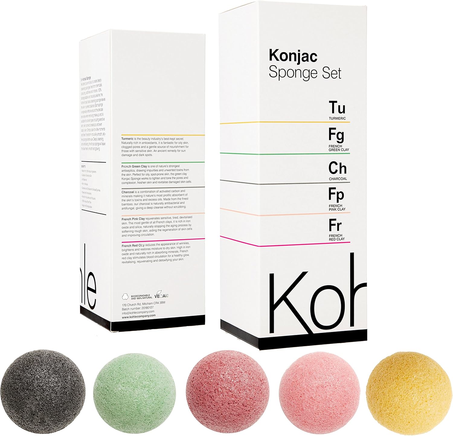 Konjac Sponge Set: 5 Pack Kohle Company UK 100% Natural Cleanser, Suitable for Sensitive Skin, PLASTIC-FREE Packaging. Including Charcoal, Turmeric, French Green, Red & Pink Clay SALE