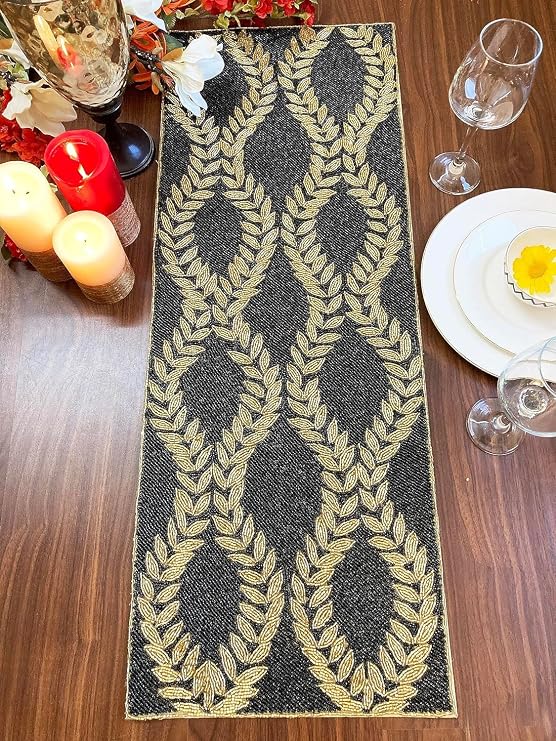 Enliven Handmade Table Runner, Gold on Black, Hand Beaded Runner, 13x36inch