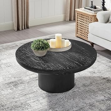 35.98'' Round Coffee Table, Circle Wood Black Coffee Table for Living Room, Modern Retro Style Pedestal Coffee Table, Easy Assembly, Black-35.98''