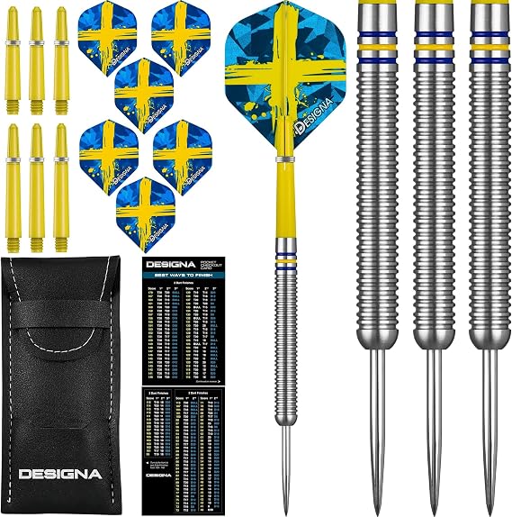 Dartfellas 24g 90% Tungsten Flag of Sweden Patriot X Steel Tip Dart Set, Flights & Shafts Included (2 Sets Each), w/Travel Case, 24 Grams