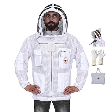 Beekeeping Jacket with Veil 3-Layer Ultra Ventilated Veil Fencing YKK Zippers Full Protection Suit Carrying Bag (BP-301-White)-XL