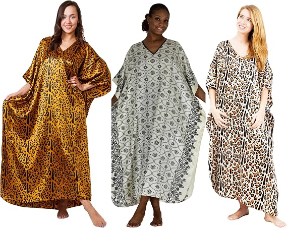 Up2date Fashion Women Satin Caftans Gift Collection, 3 Prints, One Size Plus, Special#21