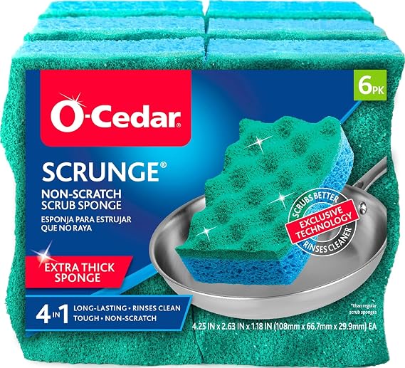 O-Cedar Scrunge Multi-Use Scrub Sponge (Pack of 6) | Non-Scratch, Odor-Resistant, All-Purpose Scrubbing Sponge | Safely Cleans All Hard Surfaces in Kitchen & Bathroom
