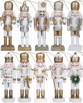 10Pcs Nutcracker Christmas Decor Nutcracker Ornaments for Christmas Tree Wooden Nutcracker Hanging Decorations Gold and Silver Nutcracker Soldiers Glittered Nutcracker Figures 5.2 Xmas Ornament Set