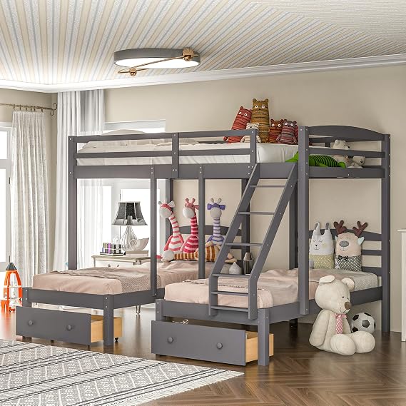 Harper & Bright Designs Full Over Twin & Twin Bunk Bed for 3 Kids, Wooden Triple Bunk Beds Frame & Storage Drawers, 3 Beds Bunk Beds for Kids Teens Adults, Gray