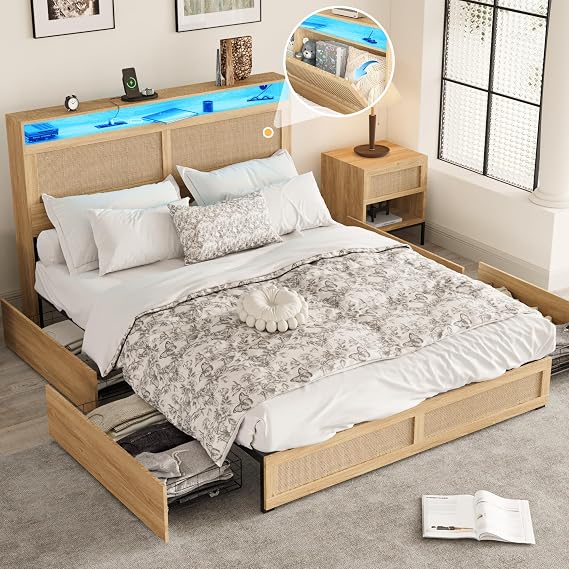 Fameill Full Bed Frame with 4 Drawers and Rattan Hidden Storage Headboard
