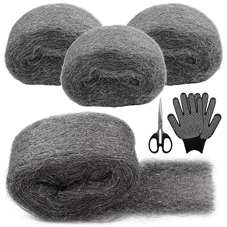 Steel Wool, 4 Rolls Fine Wire Wool Mice Rats Blocker with Work Gloves and Scissors, 0000 Steel Wool for Cleaning, Polishing, Hole Filler Wall, Keeps Mice & Rodents Away (3m/ Roll)