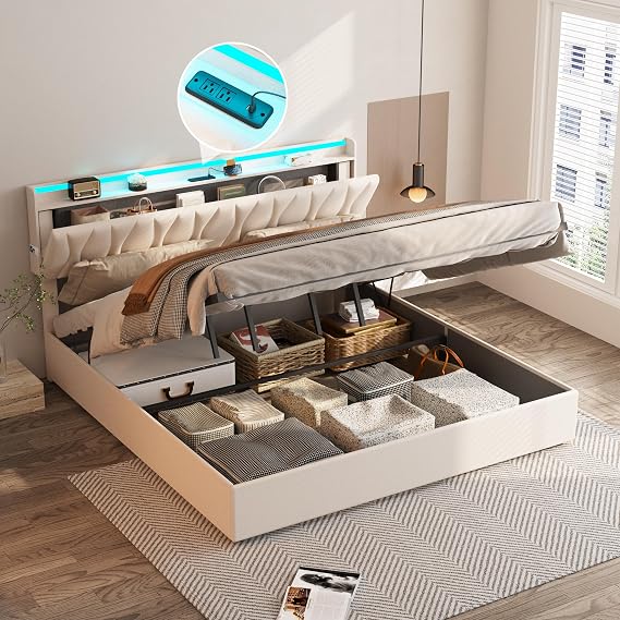 Fameill King Size Lift Up Storage Bed Frame, Height Adjustable Storage Headboard with Charging Station, LED Lights Upholstered Platform Bed, Wooden Slat, No Box Spring Needed, Noise-Free, Beige