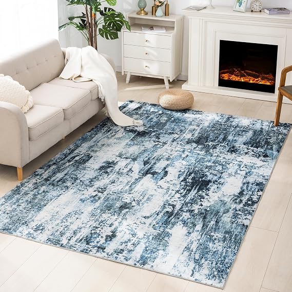 Carvapet Washable 8x10 Large Area Rug Dark Blue Boho Floor Carpet