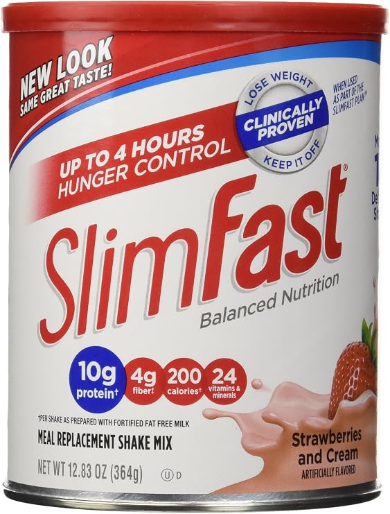 SlimFast Original Strawberries & Cream Meal Replacement Shake Mix Weight Loss Powder 12.83 Oz. Canister 14 Servings - Pantry Friendly