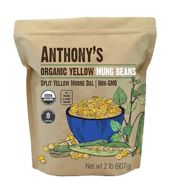 Anthony's Organic Split Yellow Mung Bean, 2 lb, Moong Dal, Gluten Free, Non GMO, Vegan