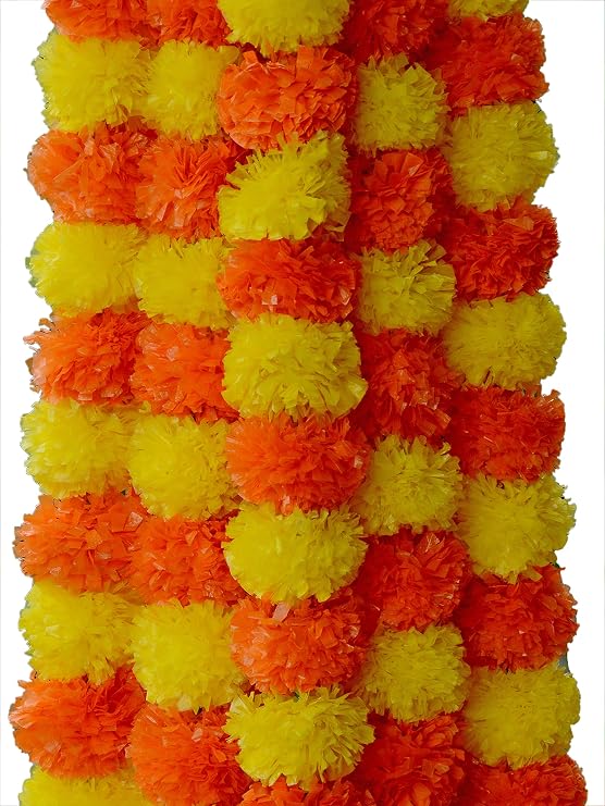 Artificial Marigold Flower Garlands. Flowers for Indian Wedding, Dashera, Diwali Festival Genda Phool. Outdoor Garden Decor (Yellow-Orange) 5 Feet 5 Garland