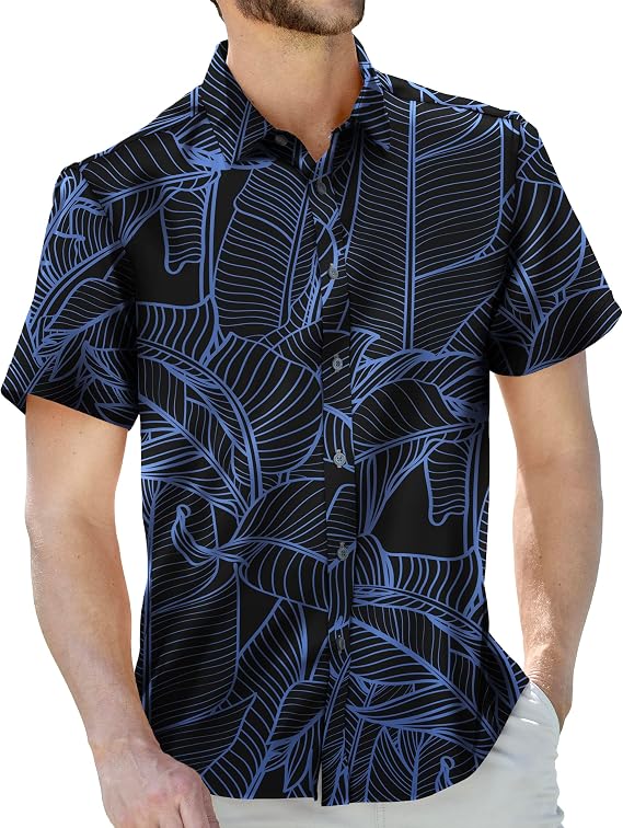 Mens Hawaiian Shirt Tropical Stretch Short Sleeve, Casual Button-Down Shirts