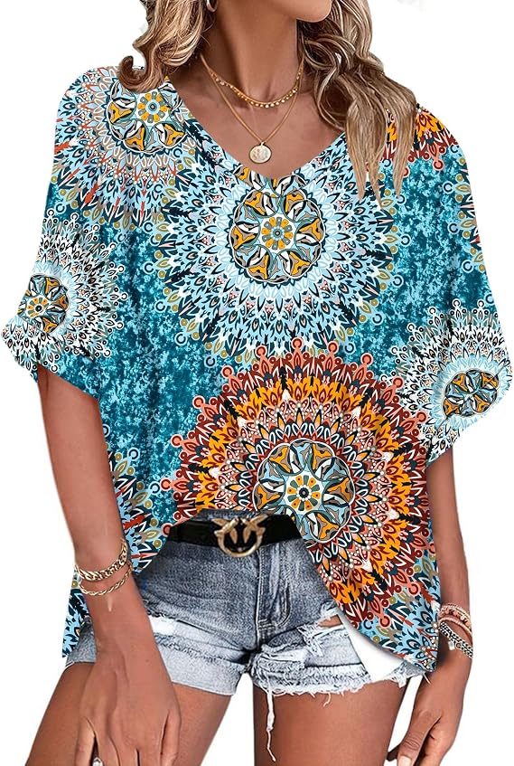 WNEEDU Oversize T-Shirt Women's V-Neck Tops Women's Summer Short Sleeve