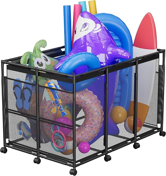 POOLHOUR XXL Large Pool Float Storage Bin, Pool Toy Organizer, Black | Outdoor Nylon Mesh Pool Toy Storage Organizer for Noodles, Floats, Balls & Poolside Equipment with Rolling Cart