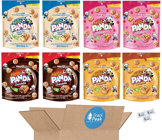 Meiji Hello Panda Cookies Snack Peak Variety Gift Box Vanilla, Strawberry, Chocolate and Caramel