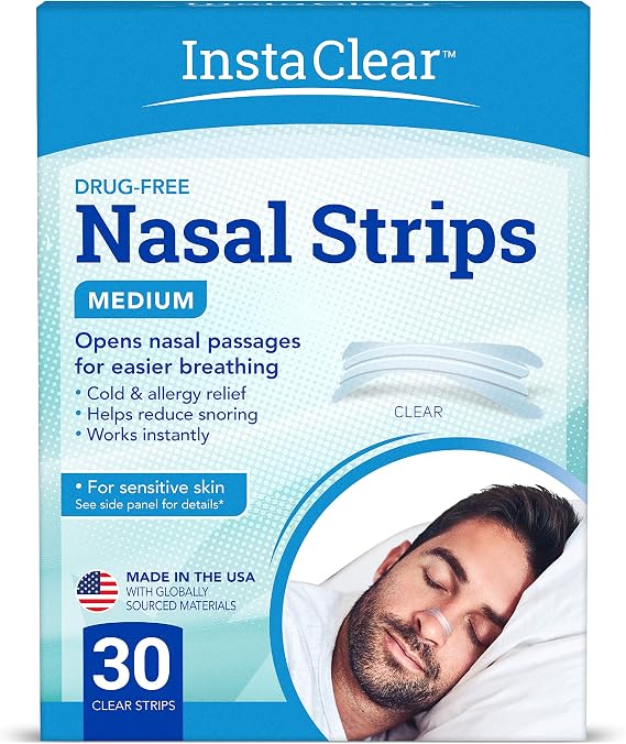 Instaclear Nasal Breathing Strips, Clear Medium 30 ct | Works Instantly, Nasal Congestion Relief, Stops Snoring, Cold & Allergy | Instantly opens nasal passages to relieve congestion from colds and allergies, reduce snoring, and improve sleep.