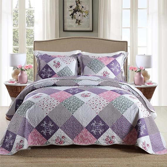 HoneiLife Quilt Set Queen Size - 3 Piece Microfiber Reversible Bedspreads Patchwork Coverlets Floral Bedding Set All Season Quilts with Geometric and Little Rose Print Pattern