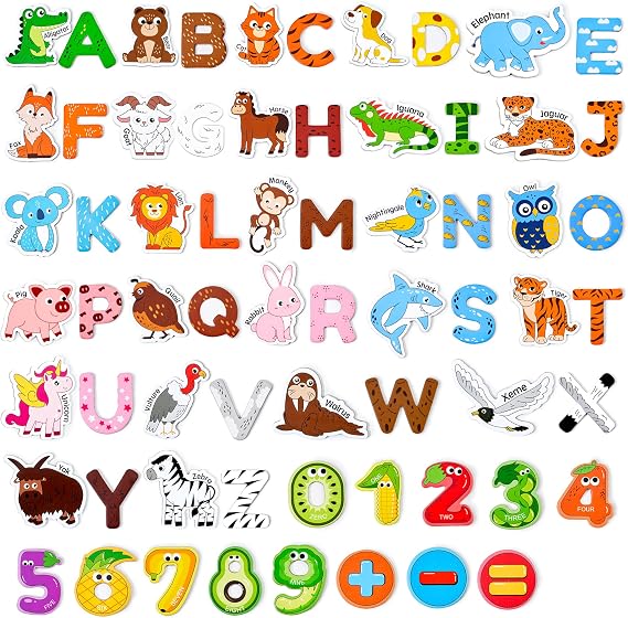 JoyCat Wooden Kids Magnets 26 Cute Animals, Alphabet Uppercase Letters, and 0-9 Numbers, Fridge Magnets for Toddlers, Fun Educational Spelling Learning Gift for Toddlers & Kids