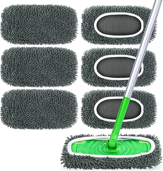6-Pack Reusable Microfiber Mop Pads Compatible with Swiffer Sweeper, Grey