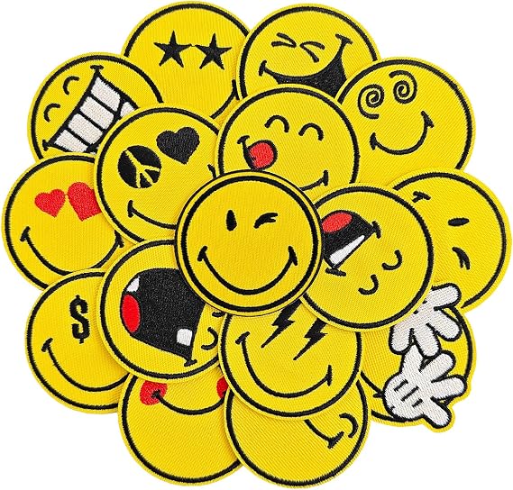 [SmileyWorld Official Licensed] GYGYL 16PCS Smiley Face Patches, Embroidered Iron-On/Sew-On Appliques with Cute Face Expressions for Clothes, Backpacks, Hats, Socks -Style 1