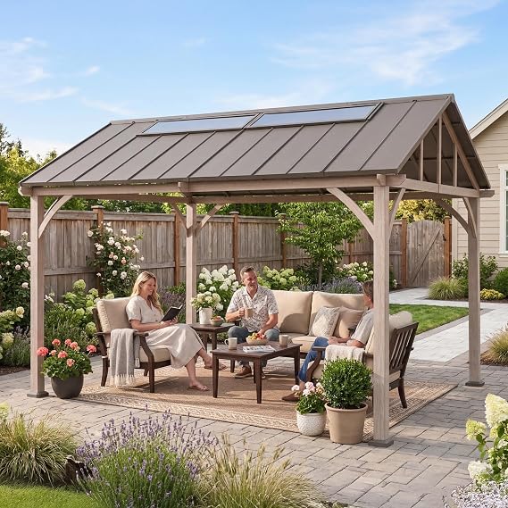 Sunjoy 11' x 13' Outdoor Hardtop Gazebo with Pitched Double Roof