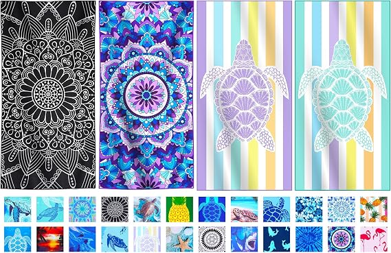 4 Packs Lightweight Thin Microfiber Beach Towel Oversized Quick Dry Compact Sandproof Clearance Towels Sand Free Camping Pool Easy Pack Essentials Women Bohemian Black Purple Turtle Purple Green