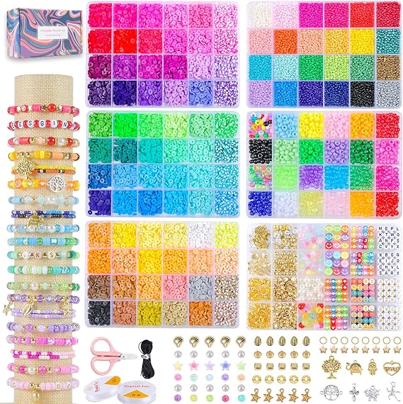 OCCALONG 6 Box Set Friendship Bracelet Making Kit - 13000 Pcs, DIY Jewelry Making Set - Includes Clay, Seed, Pony Beads, Charms, and String