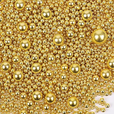 Sugar Pearls Gold 130 g - Edible Golden Beads & Sugar Sprinkles in Mixed Sizes for Baking & Decorating - Ideal for Cookies Ice Cream Cakes & Desserts - Decoration for Weddings Birthdays & Parties
