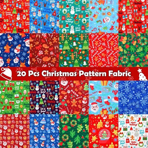 Tatuo 20 Pcs Christmas Fabric Fat Quarters, 10 x 10 Inch, Vivid Pattern